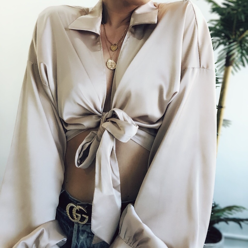 Last 1✨Zeal Nude Satin Puff Sleeve Crop Top - Picture 7 of 8